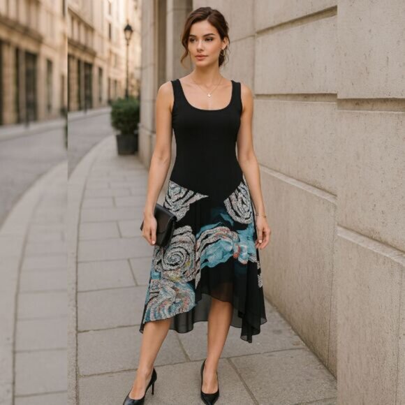 Boho Chic Romantic MSK Dress Small Asymmetrical Hem Artistic Abstract Floral - Picture 1 of 8